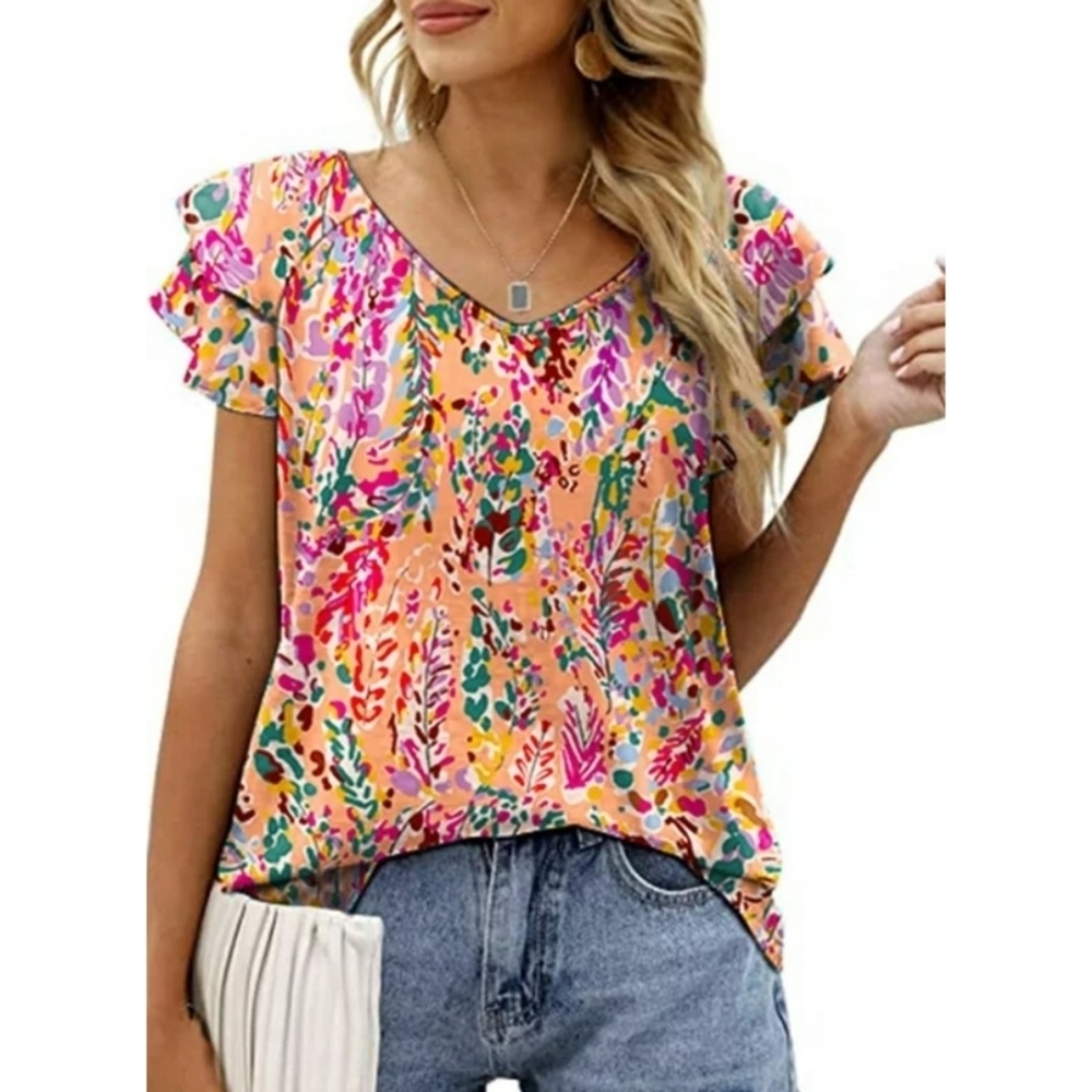 Mengpipi Double Ruffle Short Sleeve Vneck Colorful Leaves Top